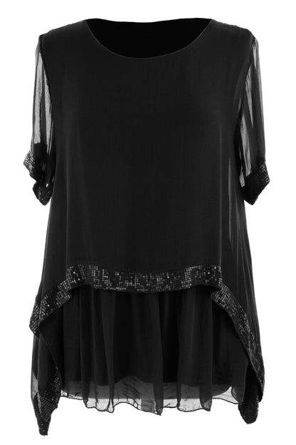 Sequin Trim Layered Hem Silk Blouse