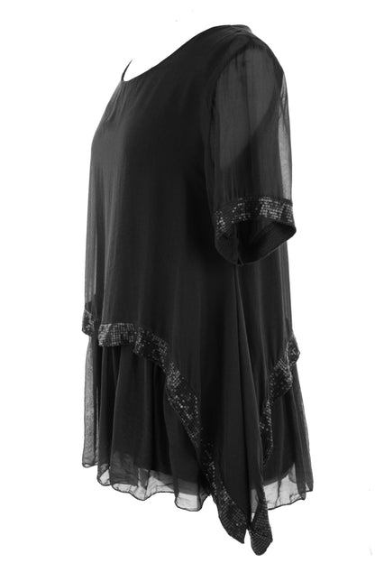 Sequin Trim Layered Hem Silk Blouse