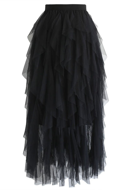 Ruffle Tulle Midi Skirt