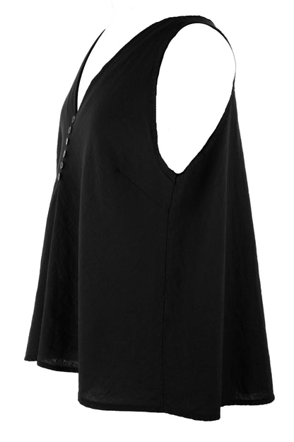 Sleeveless V Neck Button Detail Linen Top