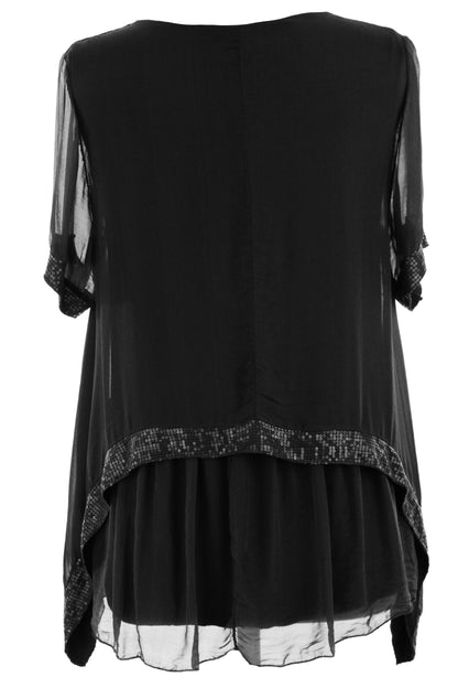 Sequin Trim Layered Hem Silk Blouse