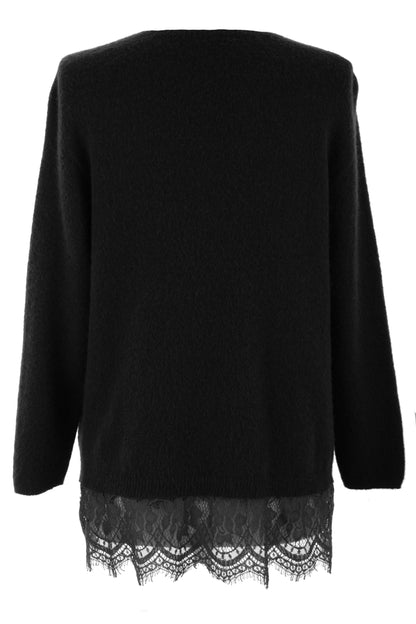 V Neck Lace Hem Wool Jumper