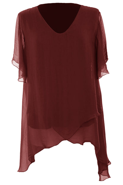 V Neck Crossover Hem Silk Blouse