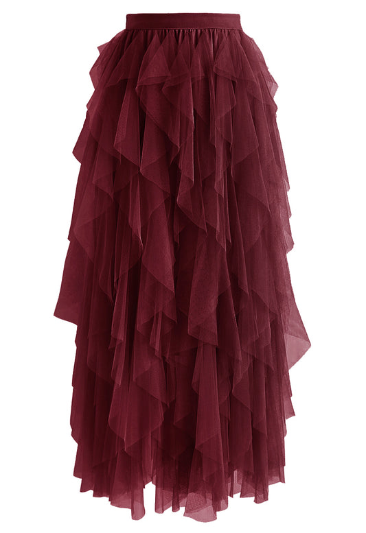 Ruffle Tulle Midi Skirt