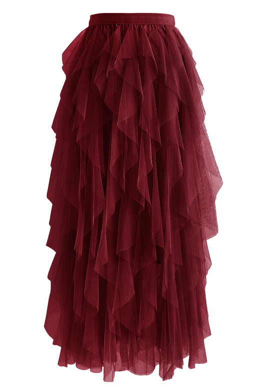 Ruffle Tulle Midi Skirt