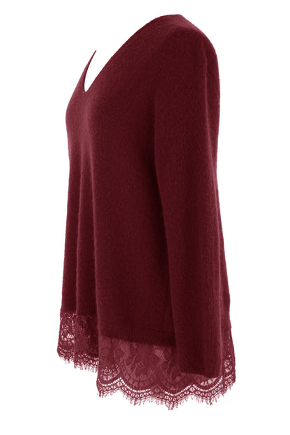 V Neck Lace Hem Wool Jumper