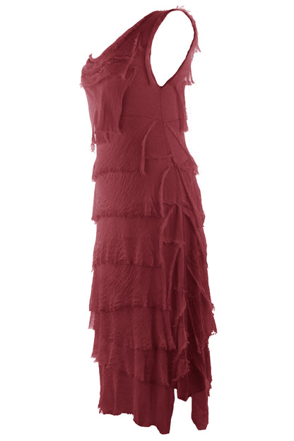 Sleeveless Frayed Detail Silk Midi