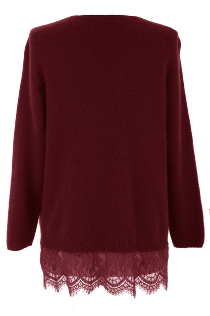 V Neck Lace Hem Wool Jumper