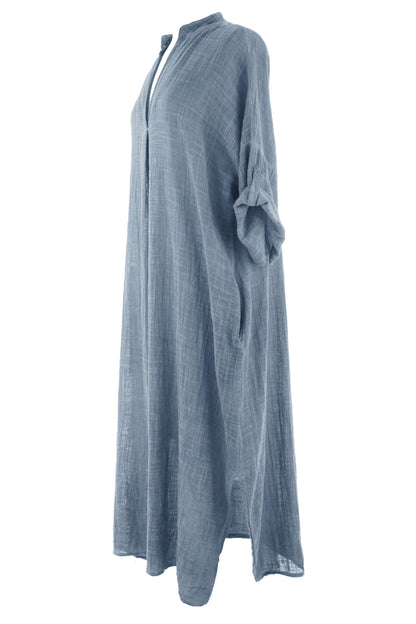 V Neck 2 Pocket Cotton Midi