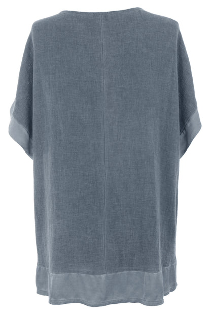 Satin Trim V Neck Teabag Linen Blouse
