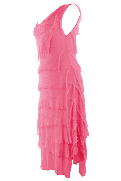 Sleeveless Frayed Detail Silk Midi