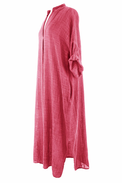 V Neck 2 Pocket Cotton Midi