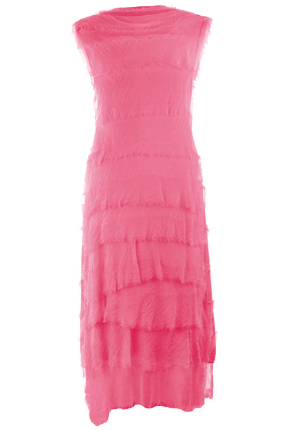 Sleeveless Frayed Detail Silk Midi