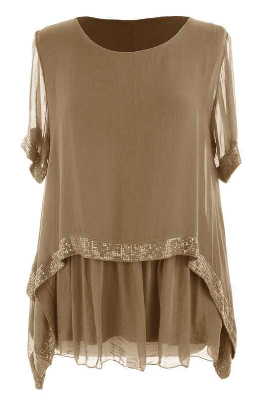 Sequin Trim Layered Hem Silk Blouse