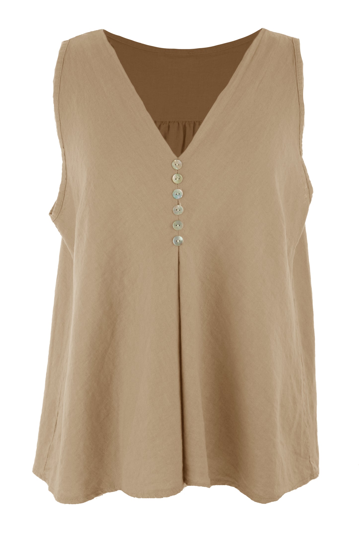 Sleeveless V Neck Button Detail Linen Top