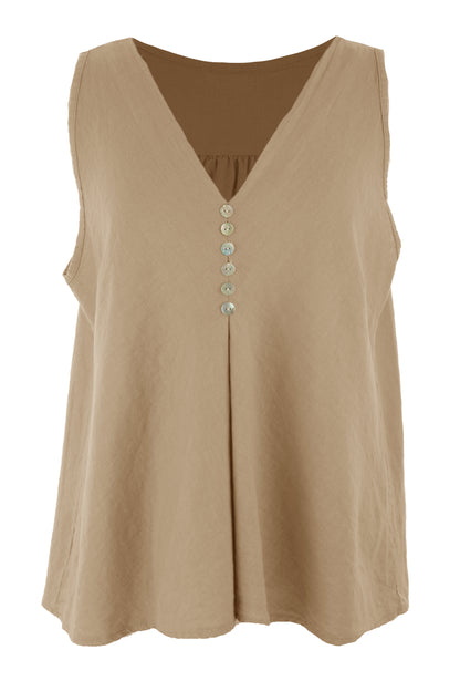 Sleeveless V Neck Button Detail Linen Top