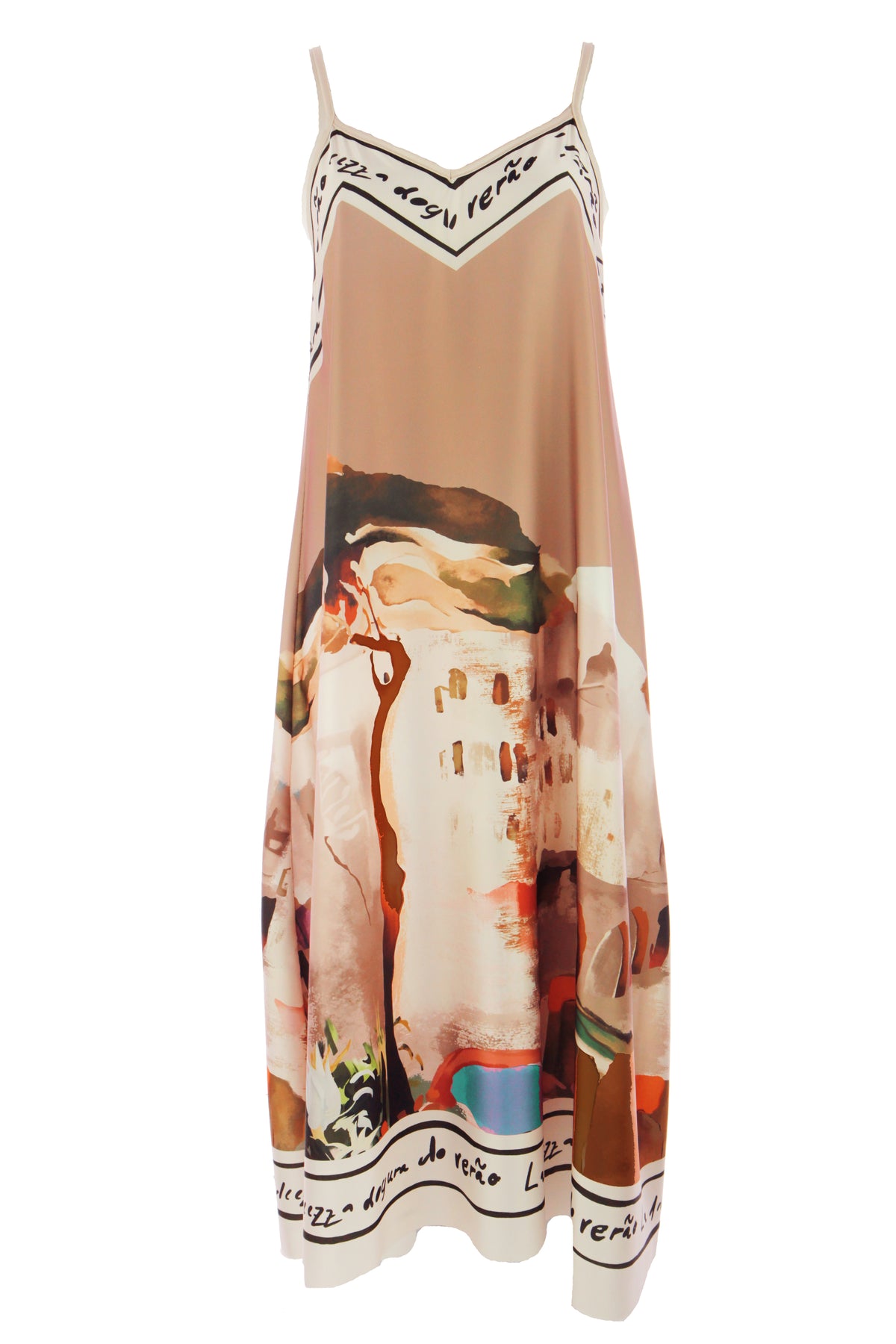 Strappy Watercolour Landscape Print Satin Midi