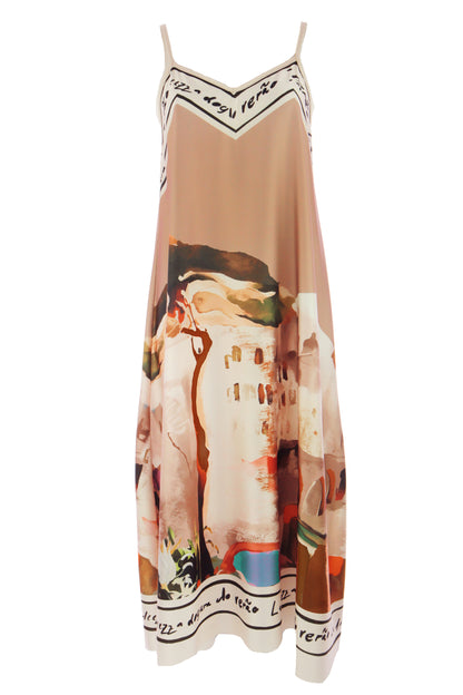 Strappy Watercolour Landscape Print Satin Midi