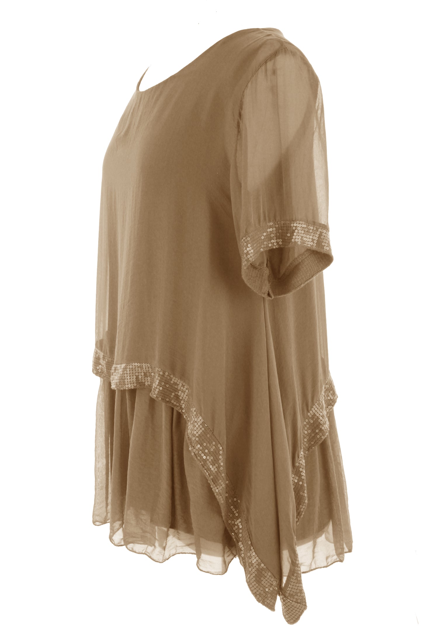 Sequin Trim Layered Hem Silk Blouse