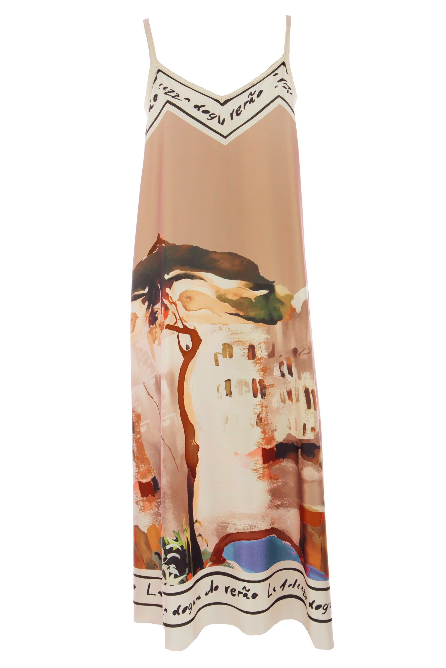 Strappy Watercolour Landscape Print Satin Midi