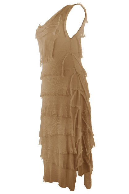 Sleeveless Frayed Detail Silk Midi