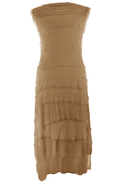 Sleeveless Frayed Detail Silk Midi