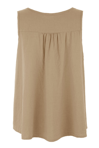 Sleeveless V Neck Button Detail Linen Top
