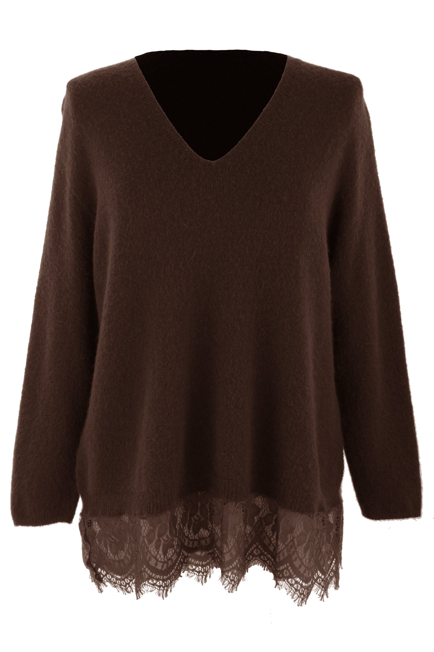 V Neck Lace Hem Wool Jumper