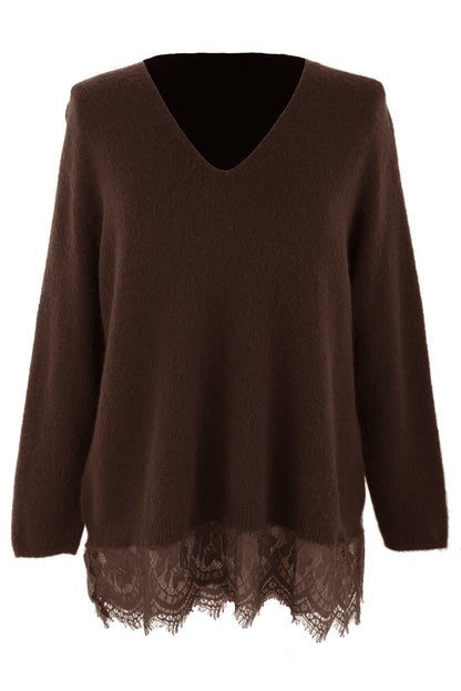 V Neck Lace Hem Wool Jumper