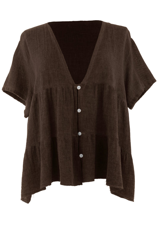 Button Tiered Hopsack Linen Top