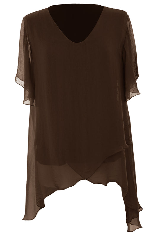 V Neck Crossover Hem Silk Blouse