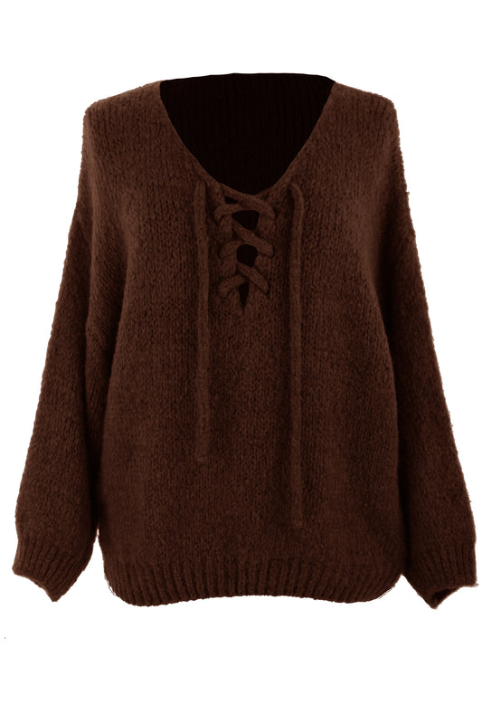 Lace Up Neck Wool Knit Jumper