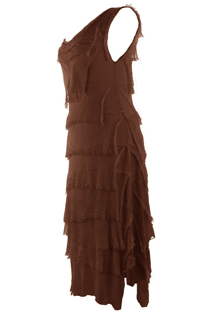 Sleeveless Frayed Detail Silk Midi