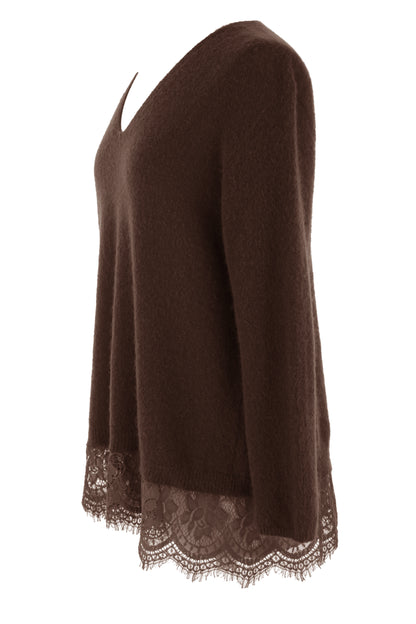 V Neck Lace Hem Wool Jumper