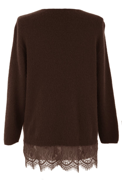 V Neck Lace Hem Wool Jumper