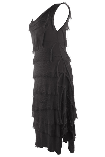 Sleeveless Frayed Detail Silk Midi