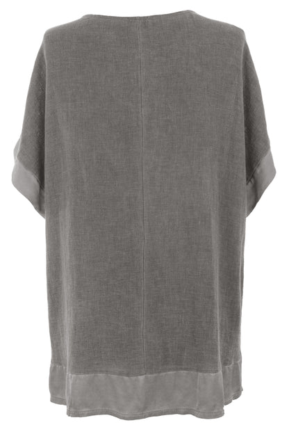 Satin Trim V Neck Teabag Linen Blouse