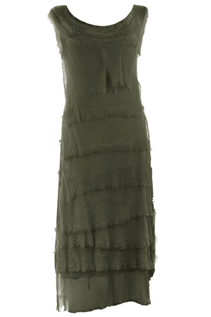 Sleeveless Frayed Detail Silk Midi