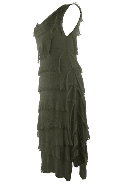 Sleeveless Frayed Detail Silk Midi