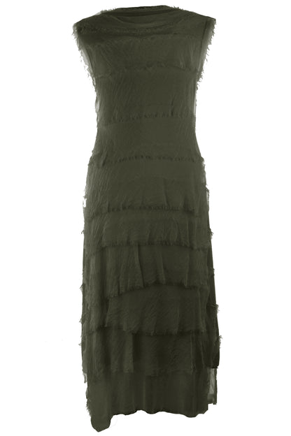 Sleeveless Frayed Detail Silk Midi