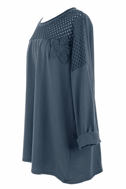 Flower Applique Crochet Jersey Top