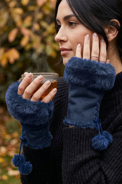 Fingerless Faux Fur Suede Drawstring Gloves