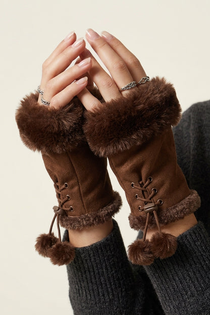 Fingerless Faux Fur Suede Drawstring Gloves
