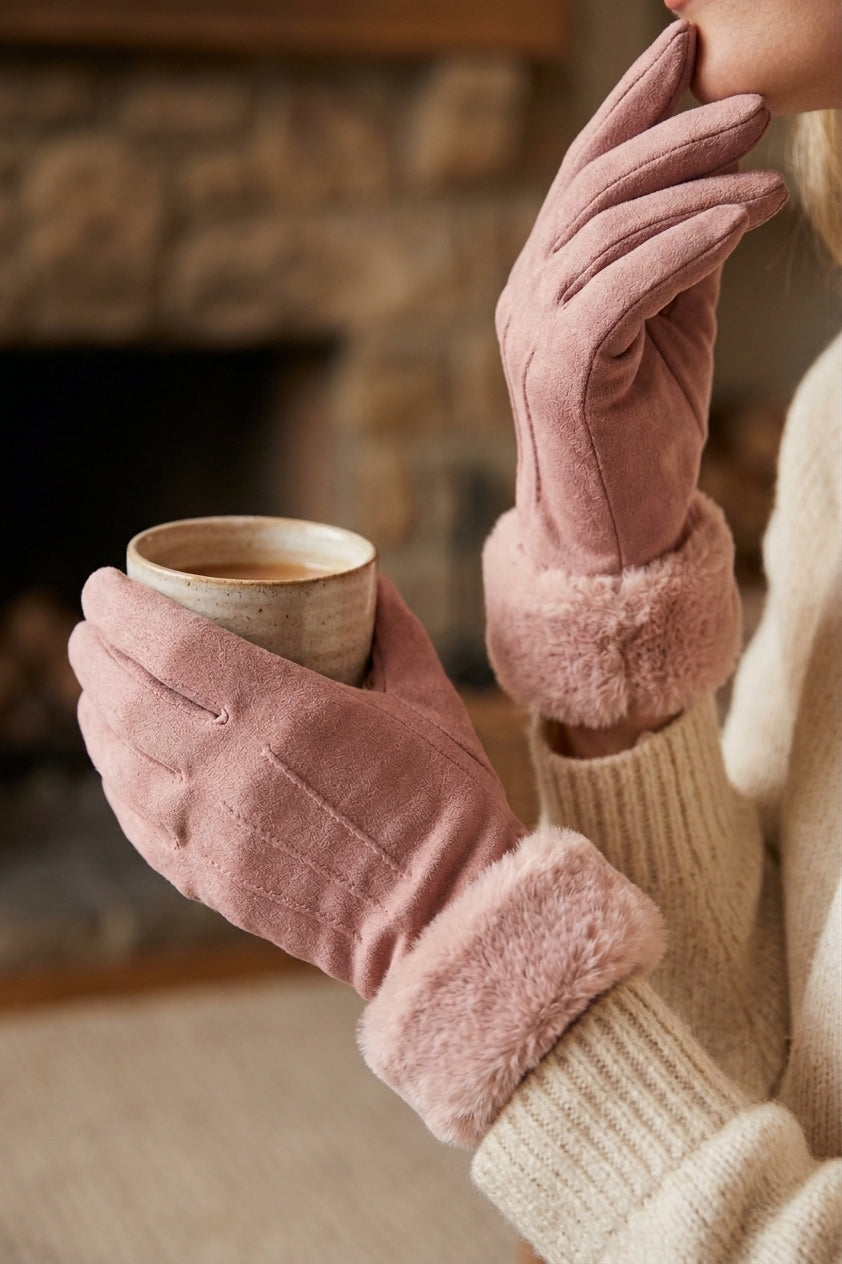 Stitch Detail Faux Fur Cuffs Gloves