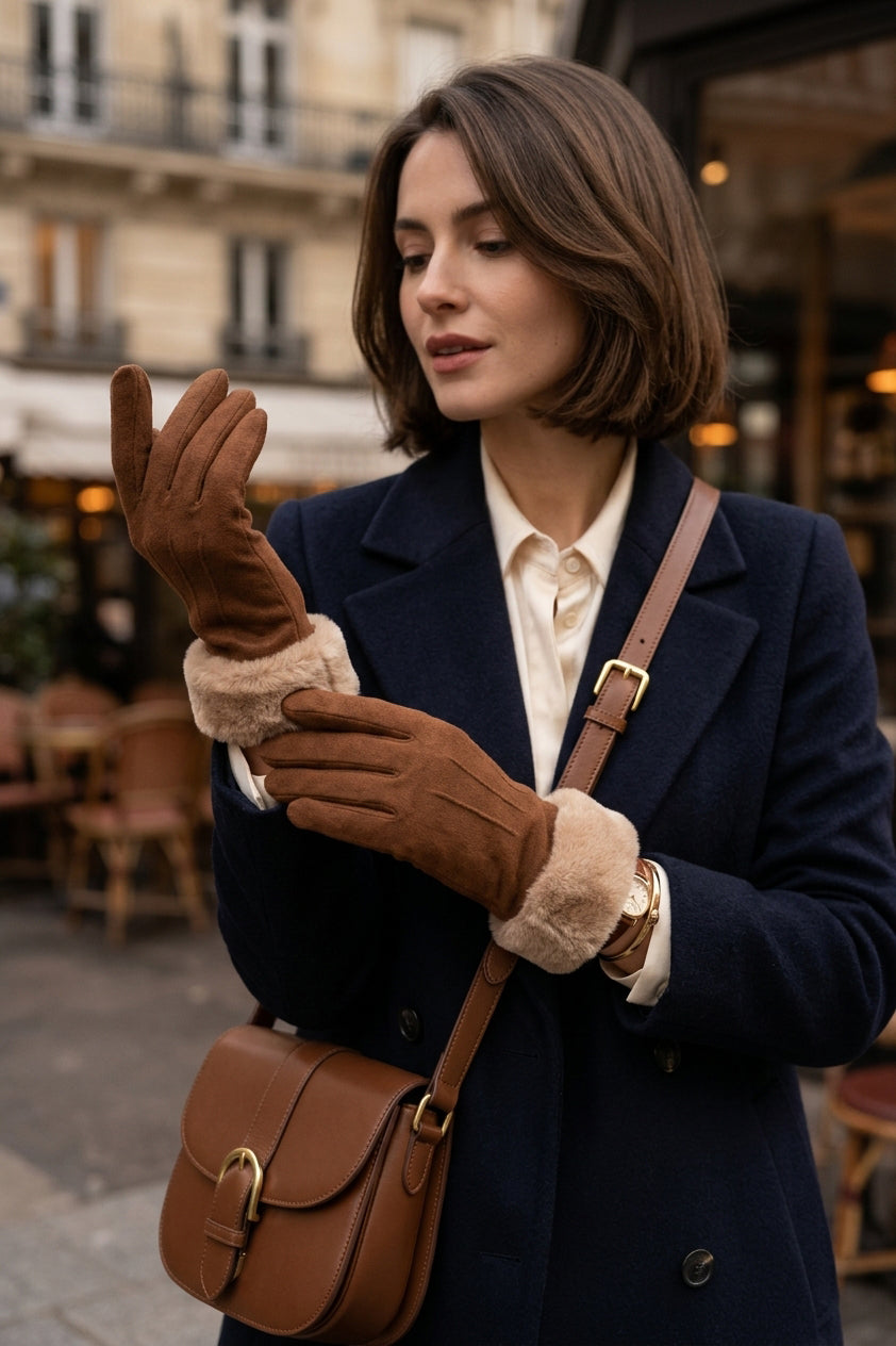 Stitch Detail Faux Fur Cuffs Gloves