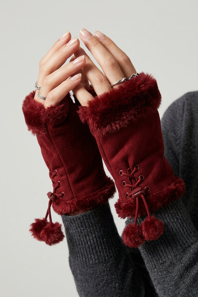 Fingerless Faux Fur Suede Drawstring Gloves