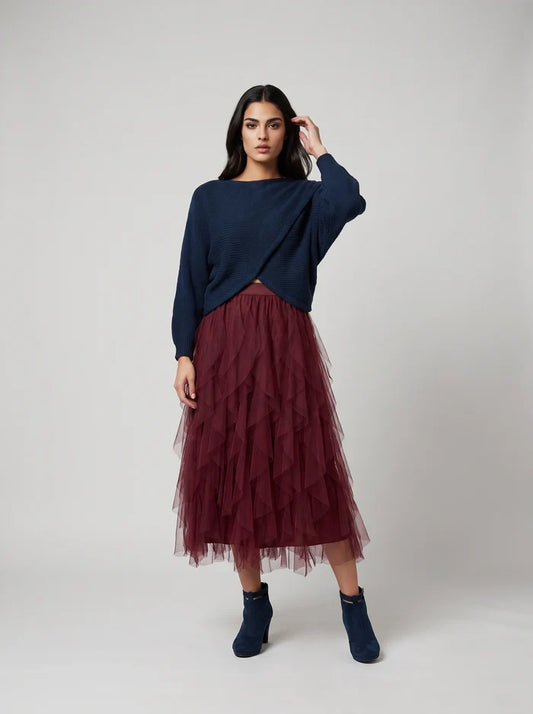 Ruffle Tulle Midi Skirt