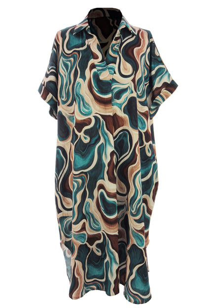 Batwing Collar Abstract Print Midi