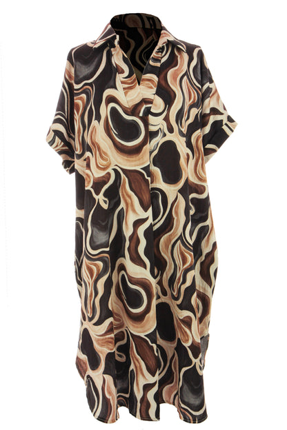 Batwing Collar Abstract Print Midi