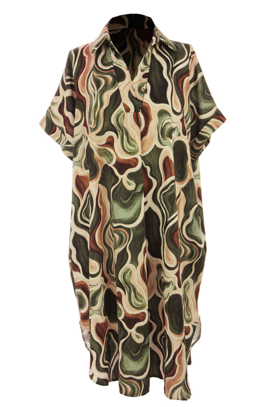 Batwing Collar Abstract Print Midi